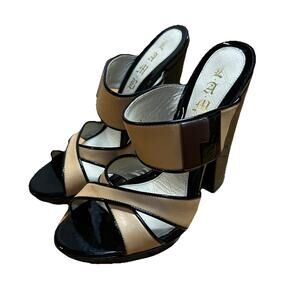 L.A.M.B. Women 8 Heels Gwen Stefani Camel Tan Black Patent Leather Chunky Mules